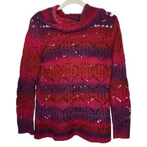 Point Zero Sweater Red and Purple Cowl Neck Open Work Knit Size M